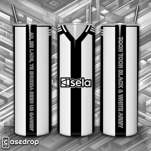 Newcastle 20oz tumbler cup featuring black and white football kit design