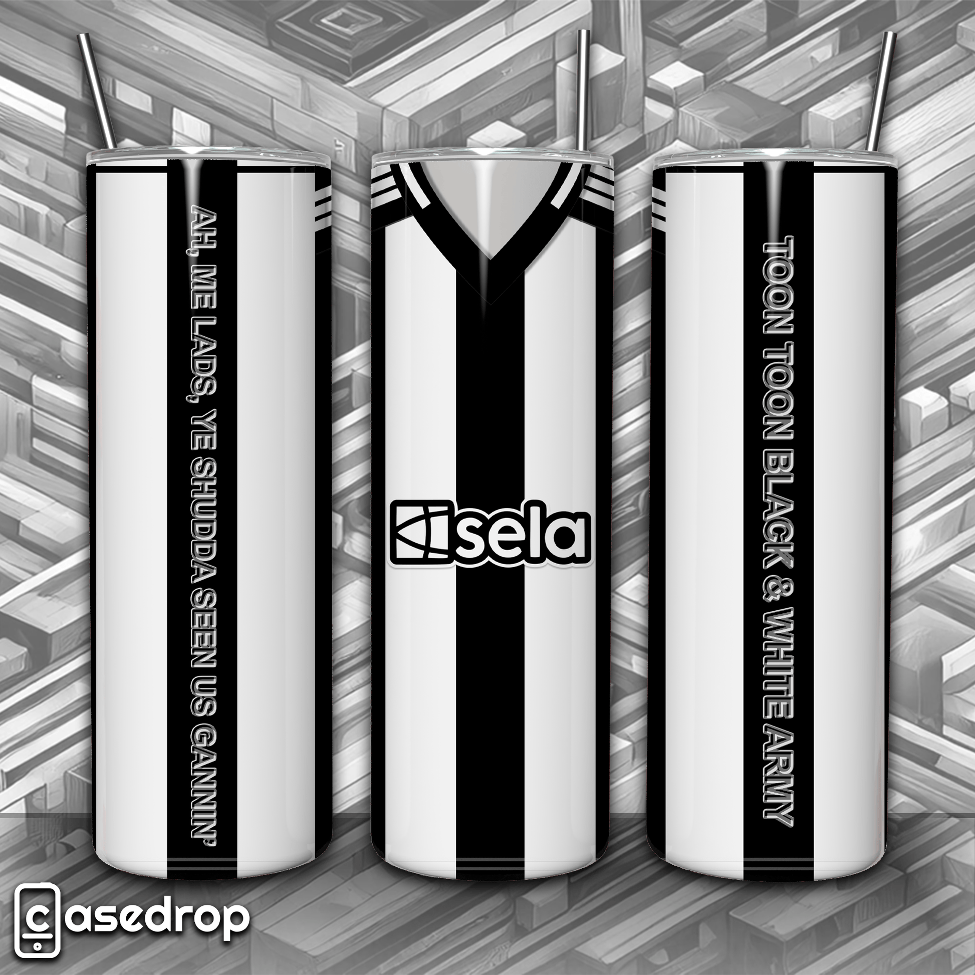 Newcastle 20oz tumbler cup featuring black and white football kit design