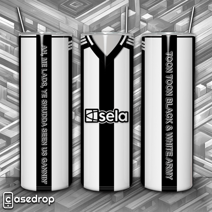 Newcastle 20oz tumbler cup featuring black and white football kit design
