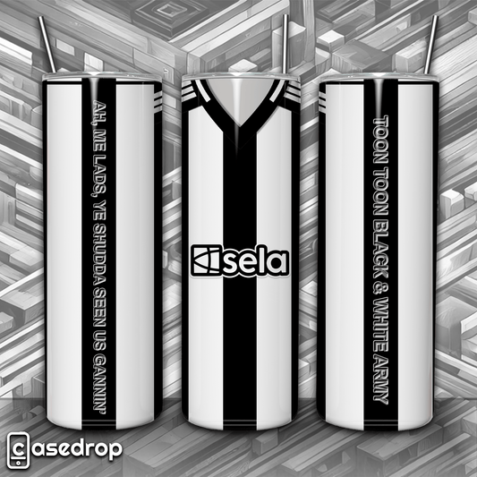 Newcastle 20oz tumbler cup featuring black and white football kit design