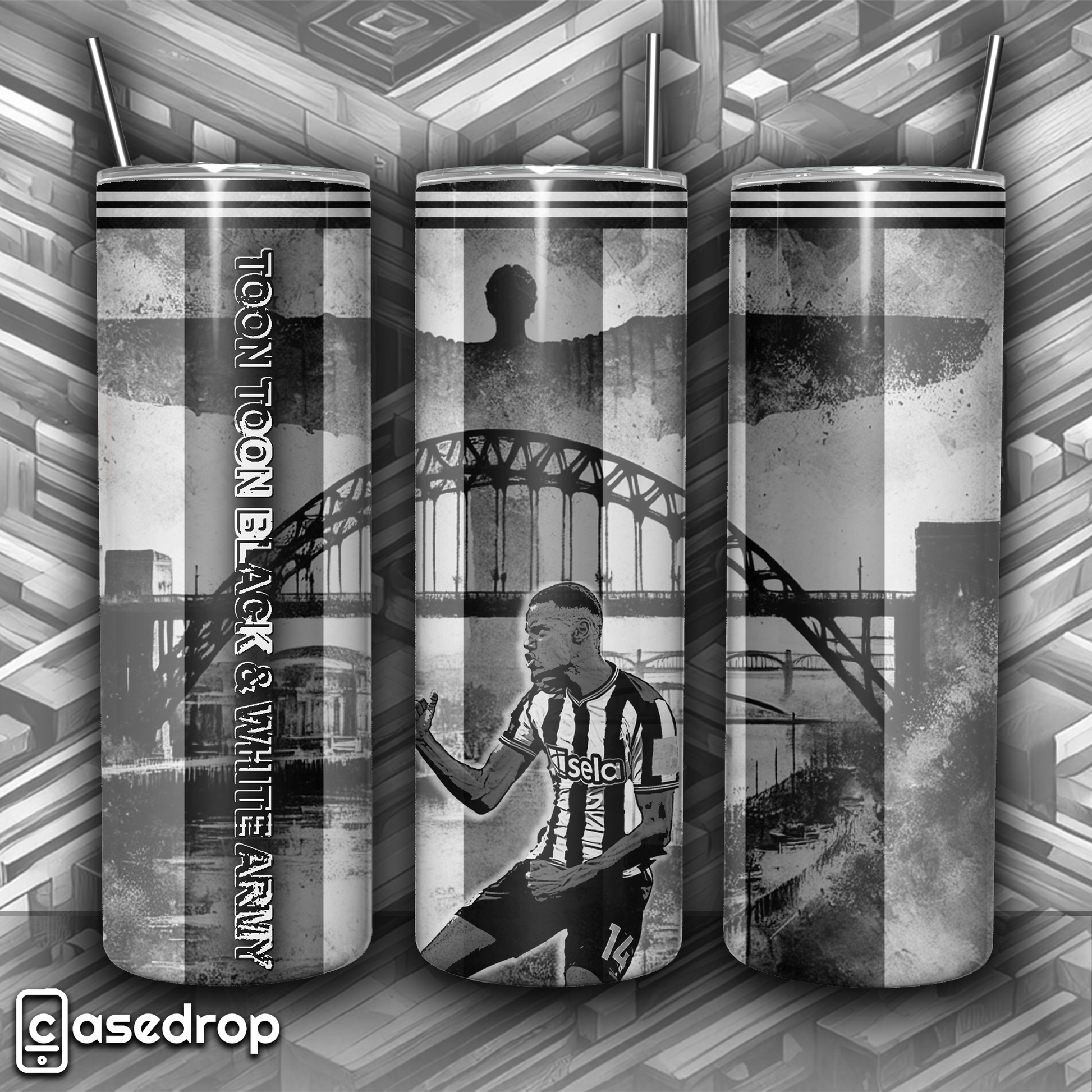 Newcastle 20oz tumbler cup featuring Isak with city landmarks