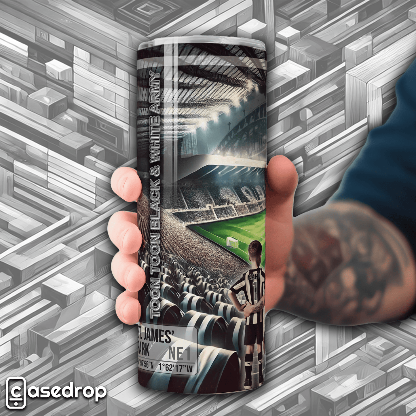 Custom Newcastle football tumbler with Black & White Army design