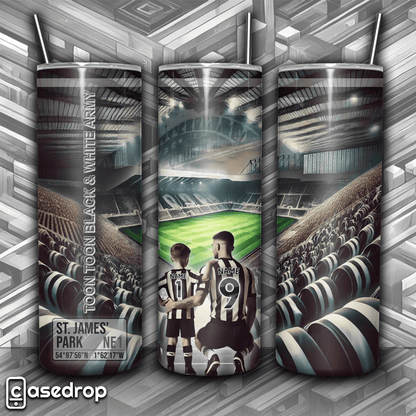 Newcastle football tumbler featuring St James’ Park with personalised names