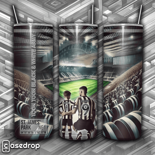 Newcastle football tumbler featuring St James’ Park with personalised names