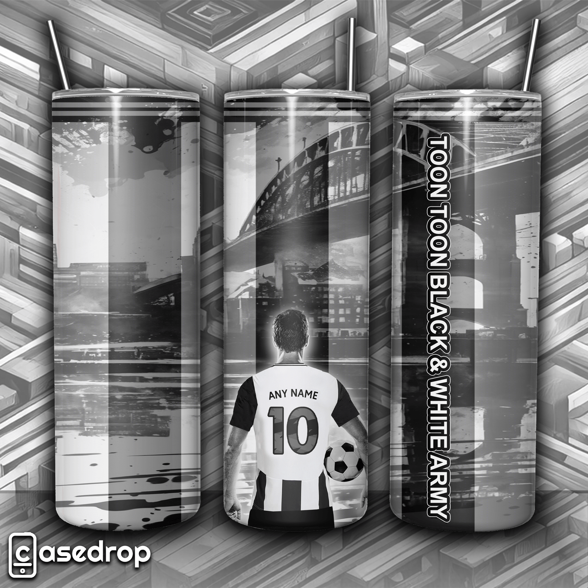 Newcastle football tumbler featuring a custom player design with personalised name & number