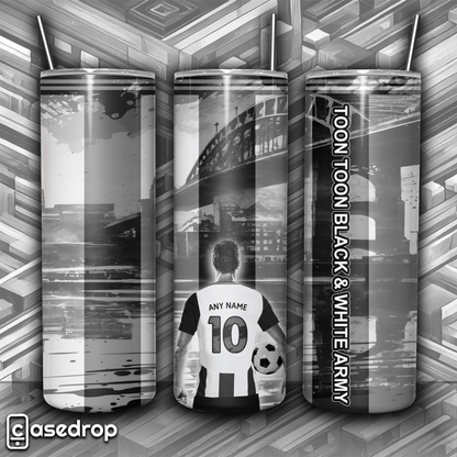 Newcastle football tumbler featuring a custom player design with personalised name & number