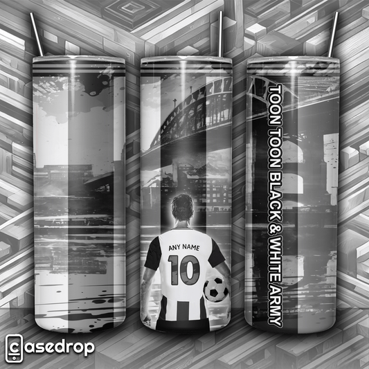 Newcastle football tumbler featuring a custom player design with personalised name & number