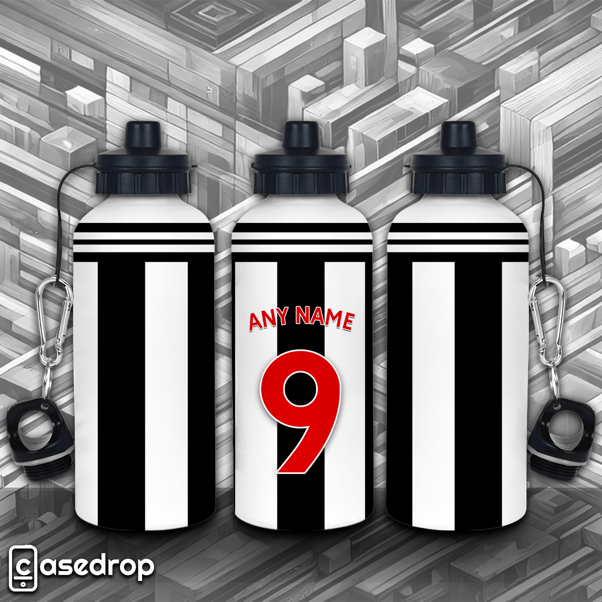 Newcastle personalised water bottle with black and white football kit design