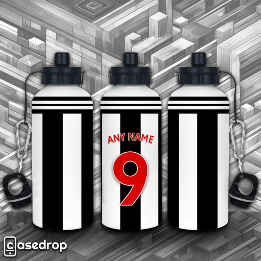 Newcastle personalised water bottle with black and white football kit design