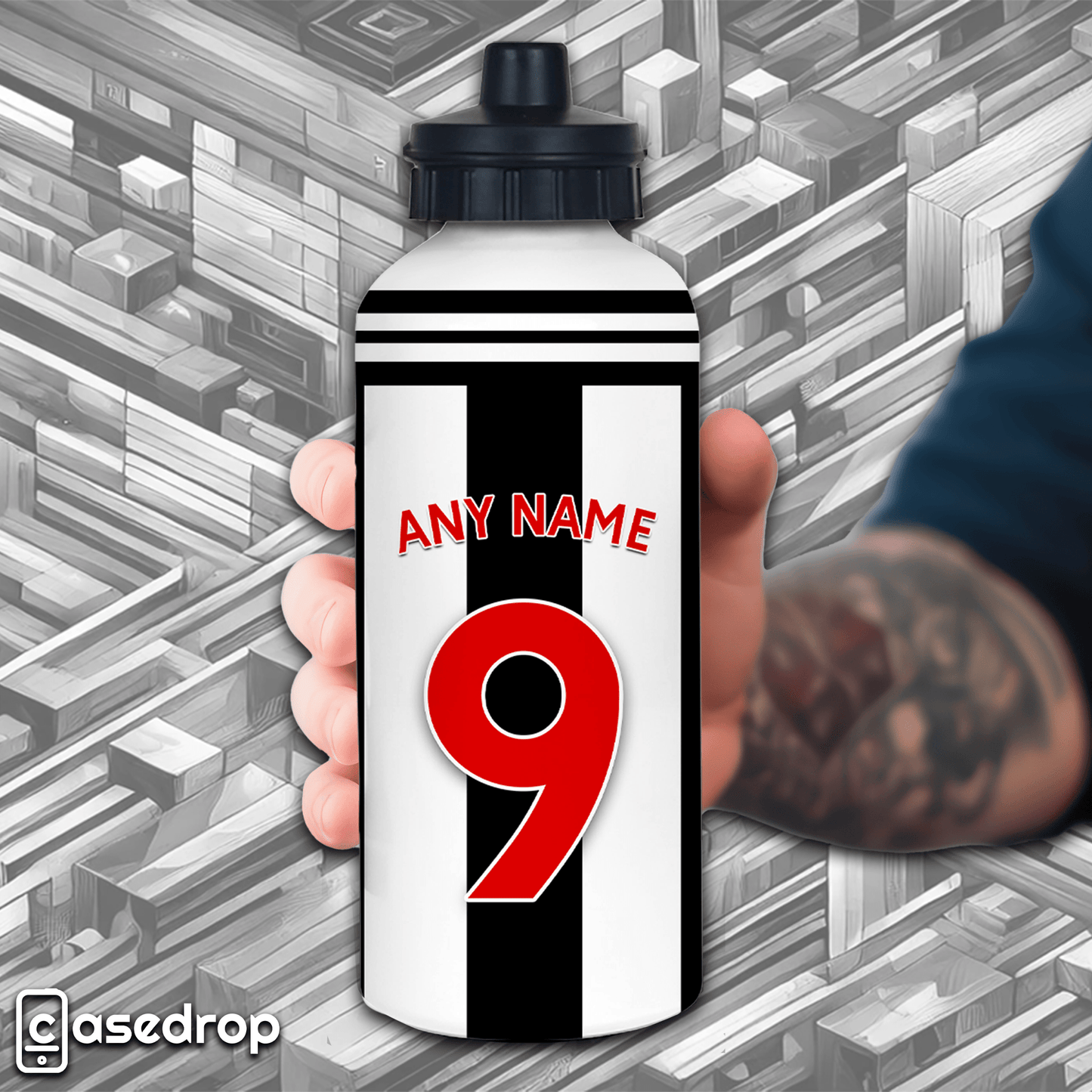 custom Newcastle water bottle with carabiner clip and flip-top lid