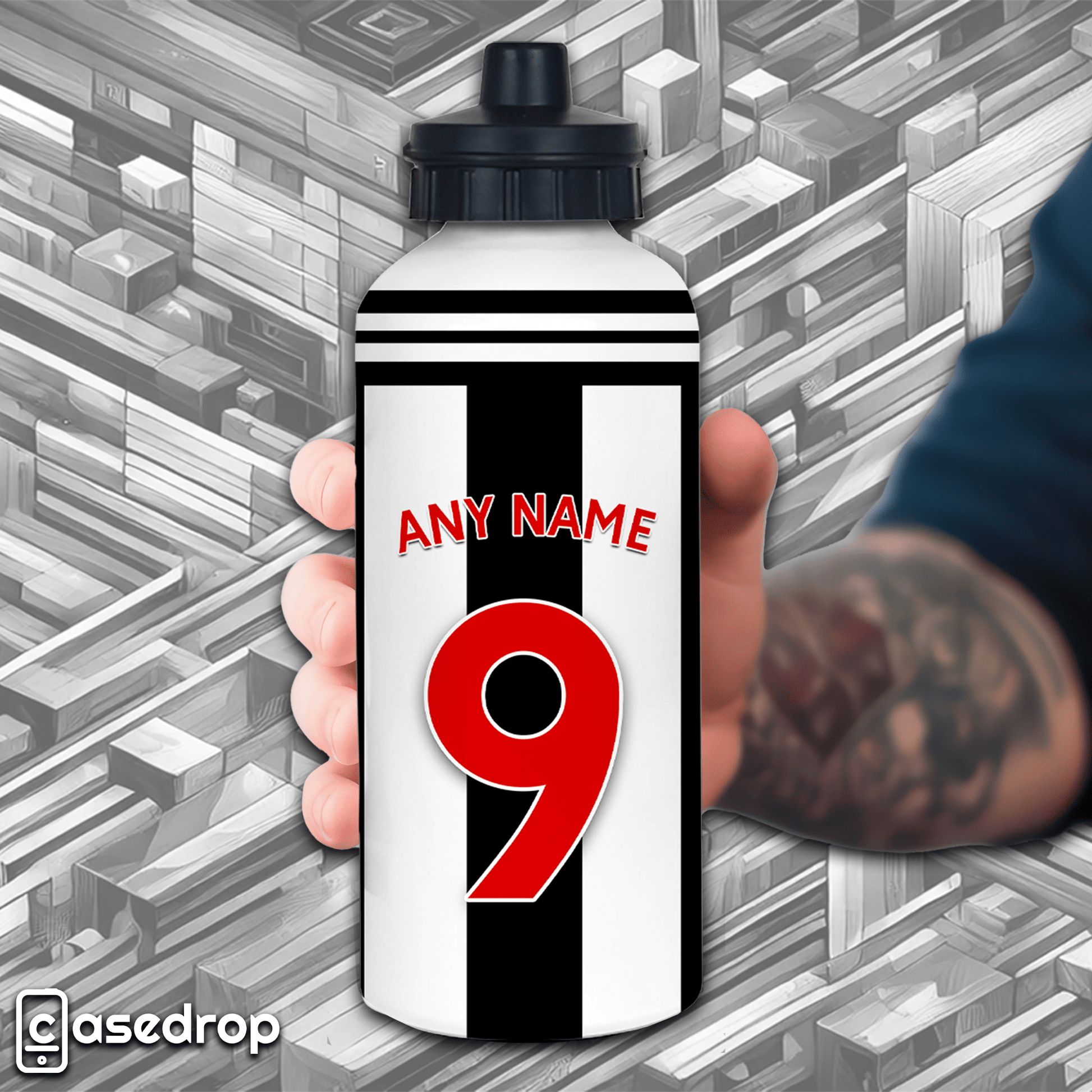 custom Newcastle water bottle with carabiner clip and flip-top lid