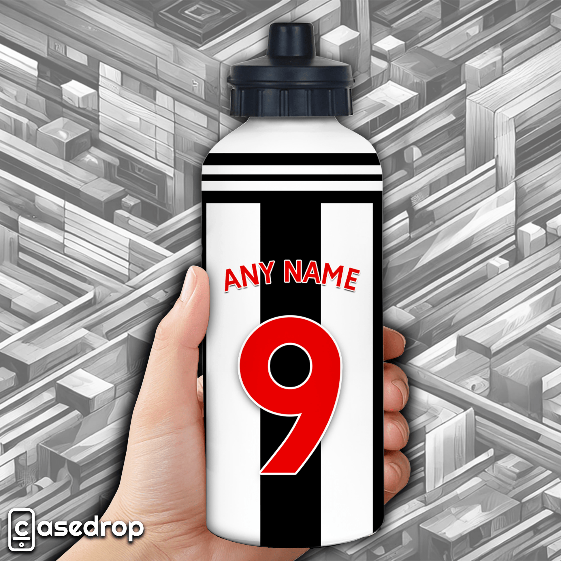 black and white striped Newcastle gift bottle for boys, kids or teen football fans