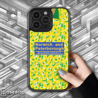 Norwich retro football shirt phone case, 1993-94 home kit, for iPhone, Samsung, and Google Pixel
