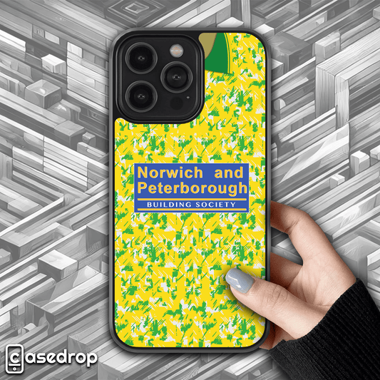 Norwich retro football shirt phone case, 1993-94 home kit, for iPhone, Samsung, and Google Pixel