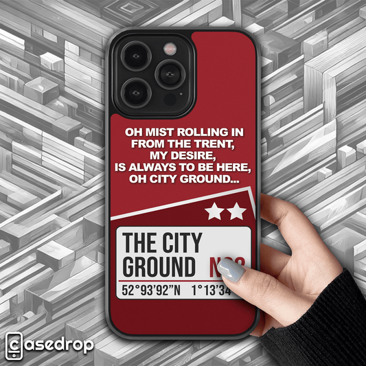 Front view of Nottingham Forest themed phone case featuring City Ground street address and 'the mist goes rolling in' football lyrics, design for iPhone, Samsung & Google