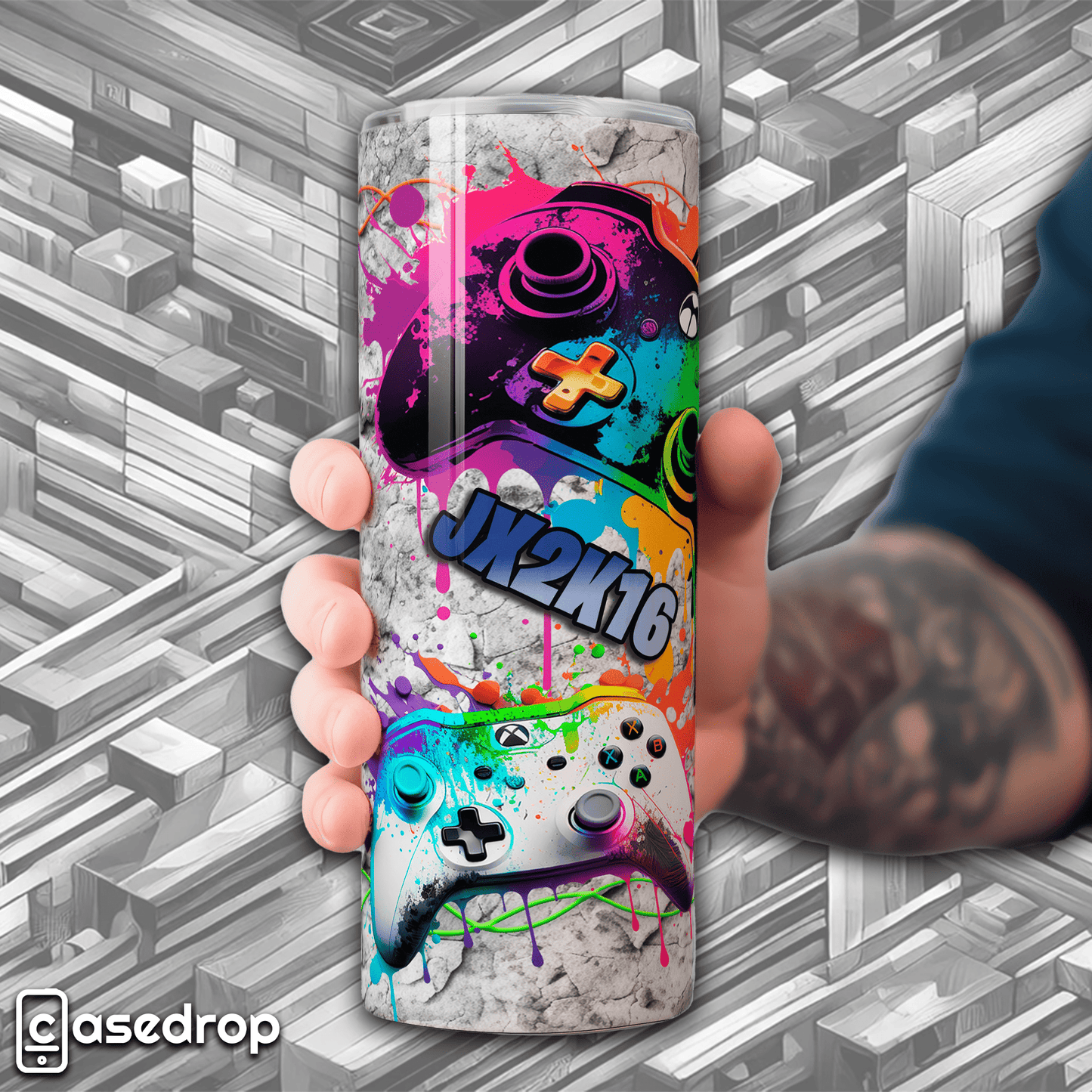 bold gamer tumbler gift for boys and teens with vivid controller print and grunge textures