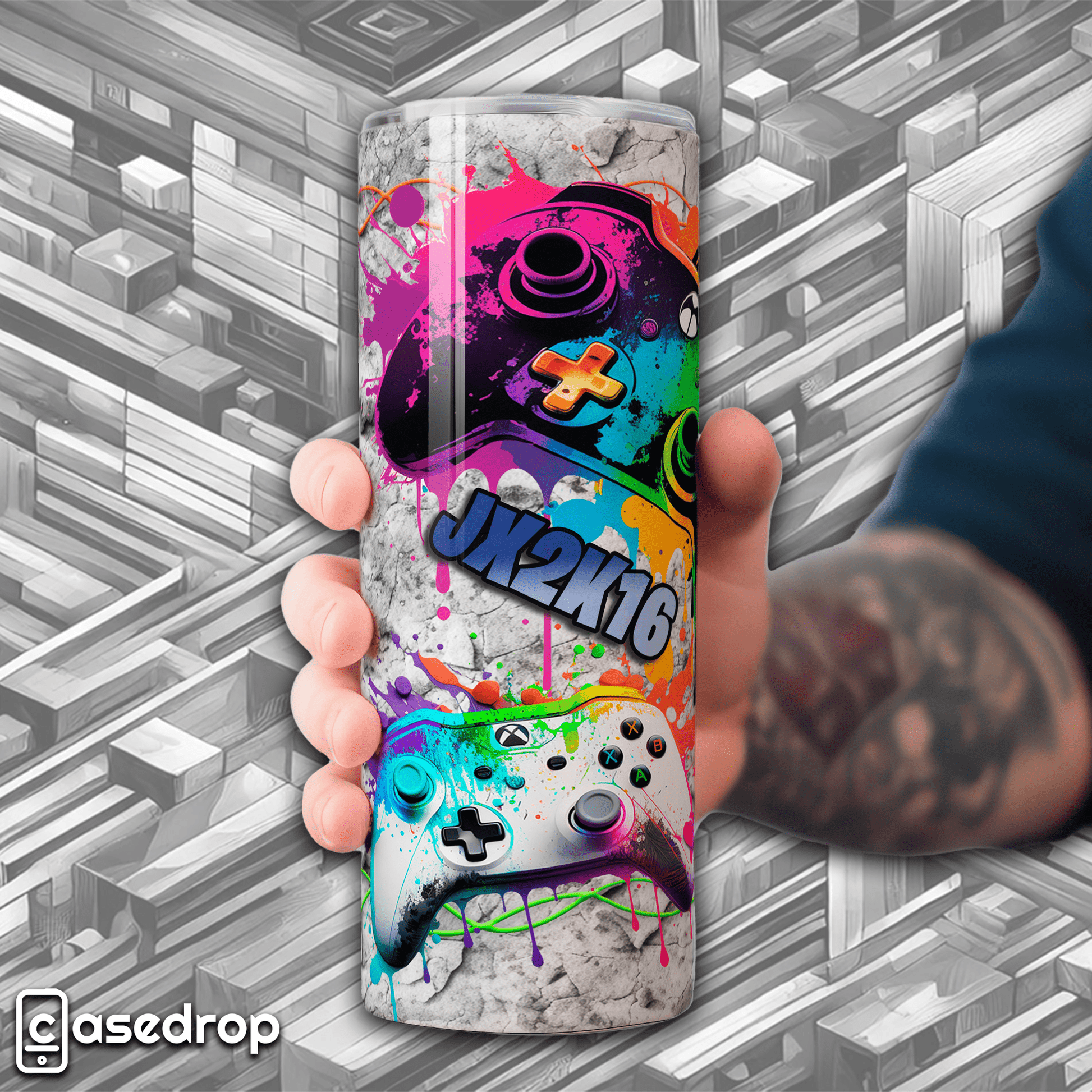 bold gamer tumbler gift for boys and teens with vivid controller print and grunge textures