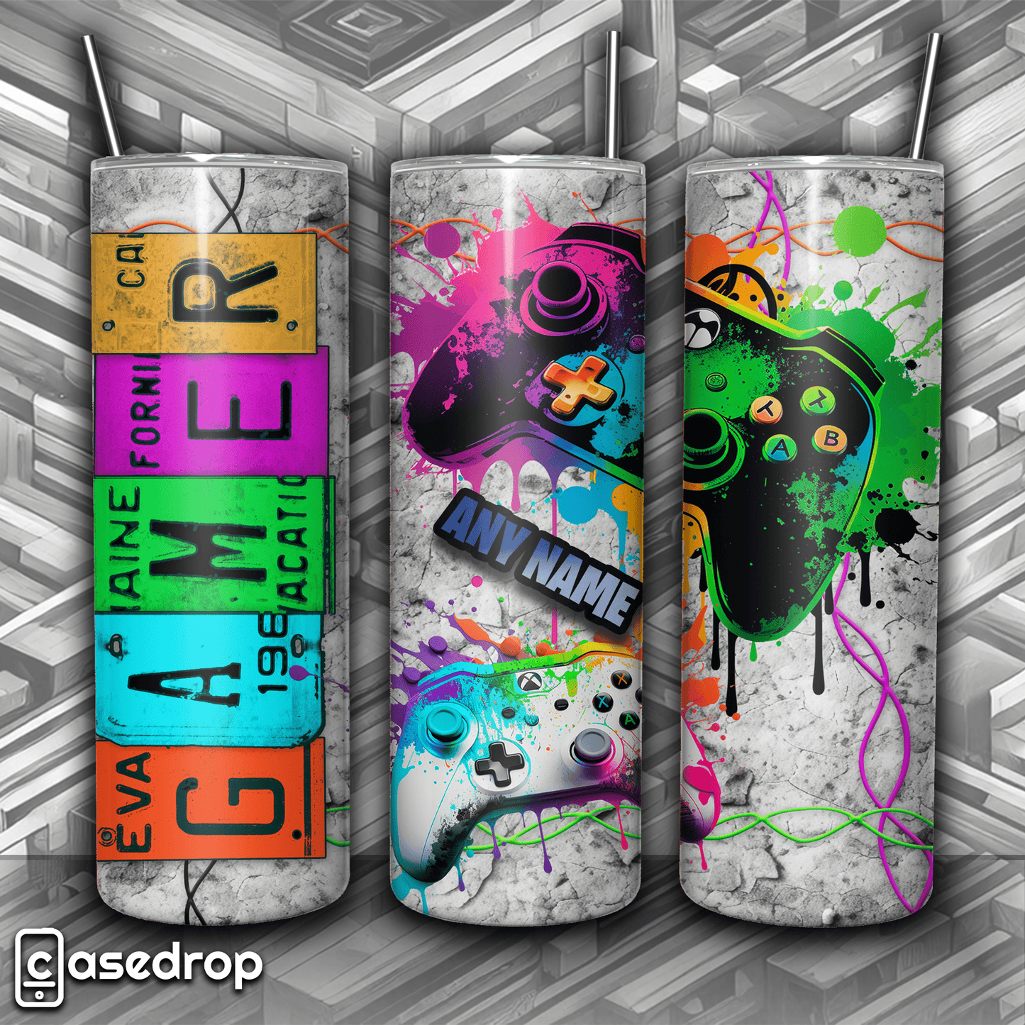 custom neon gamer tumbler with vibrant dual controller graphics and splatter artwork