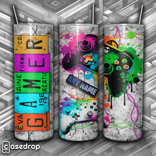 custom neon gamer tumbler with vibrant dual controller graphics and splatter artwork