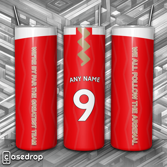 Front view of personalised Arsenal football tumbler featuring an iconic Arsenal shirt design with custom Name & Number and Arsenal chant snippets