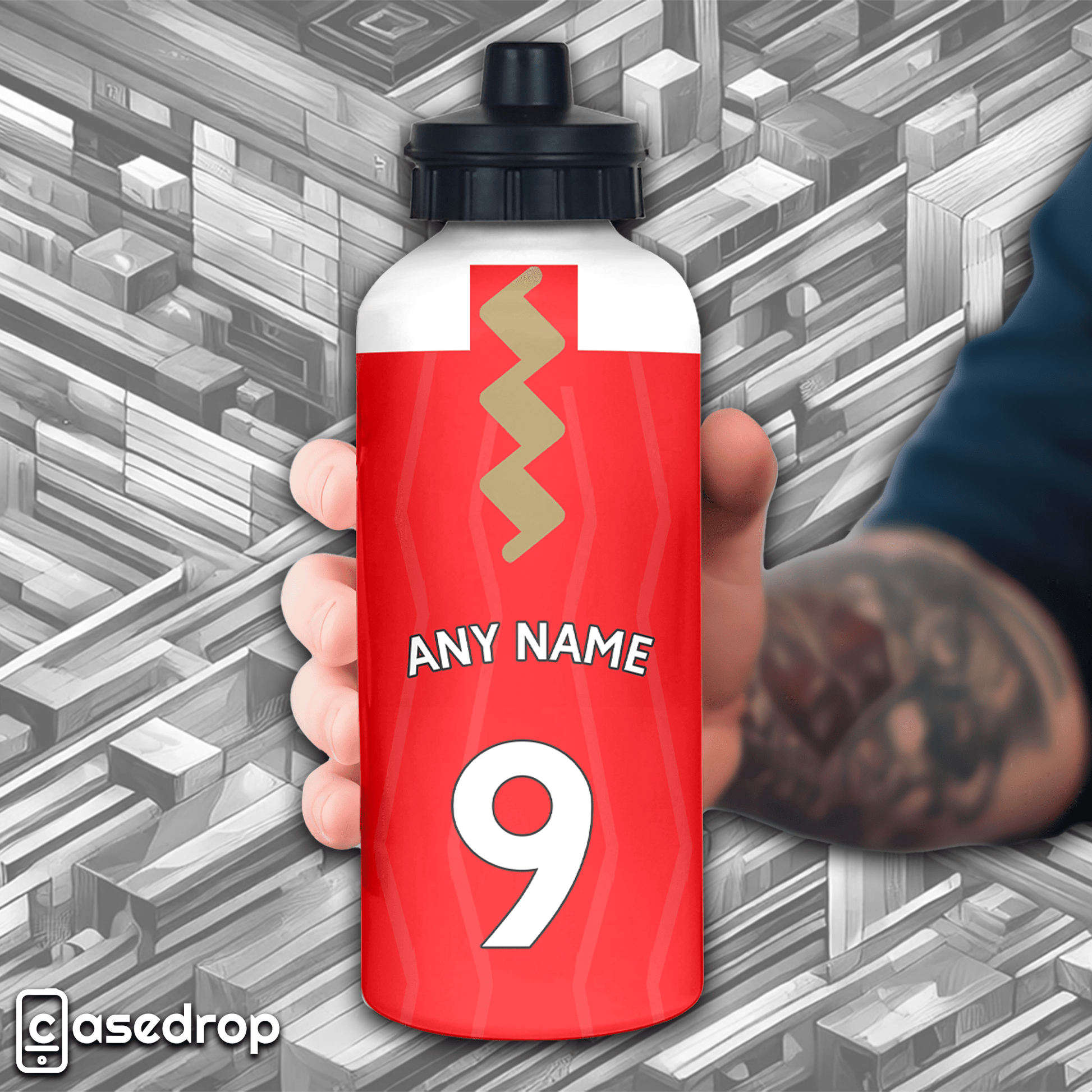 Custom Arsenal Shirt Water Bottle - Hand-Held Close-Up Showing Personalisation