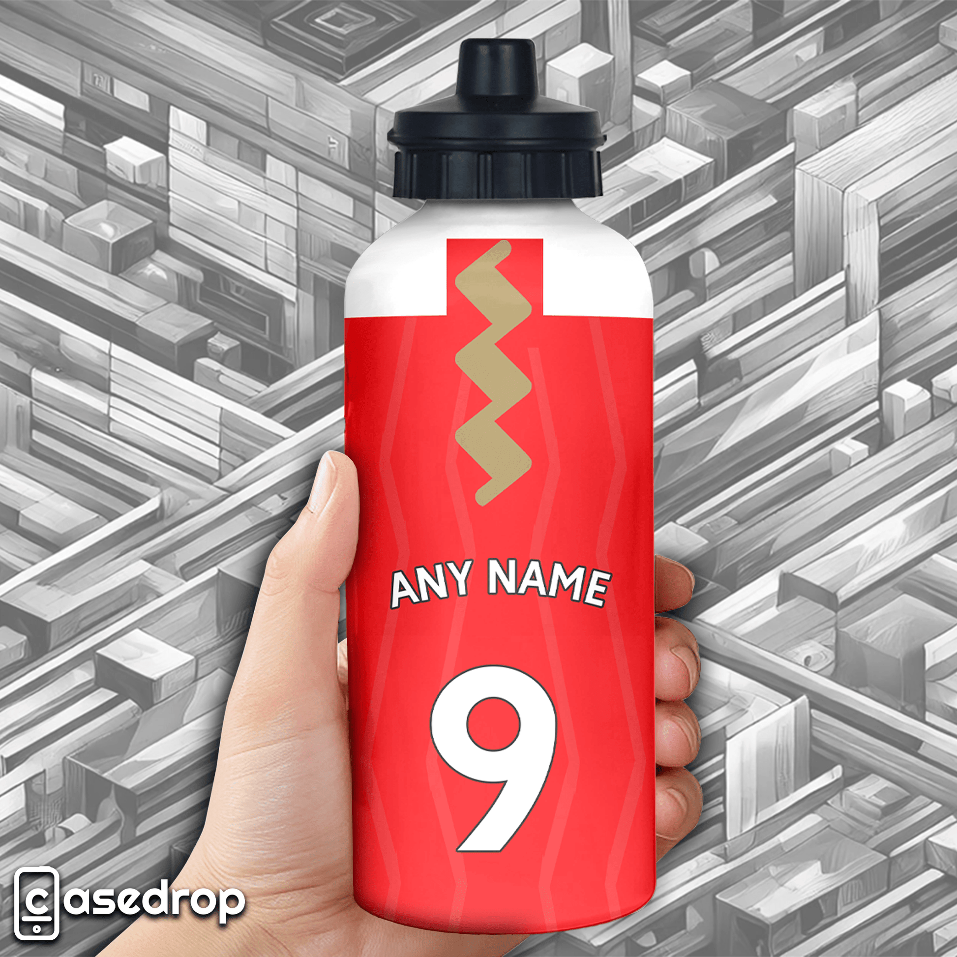 Close-Up of Hand Holding Customised Arsenal Shirt Aluminium Water Bottle