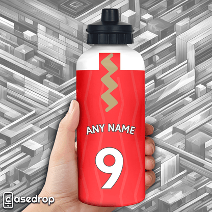 Close-Up of Hand Holding Customised Arsenal Shirt Aluminium Water Bottle