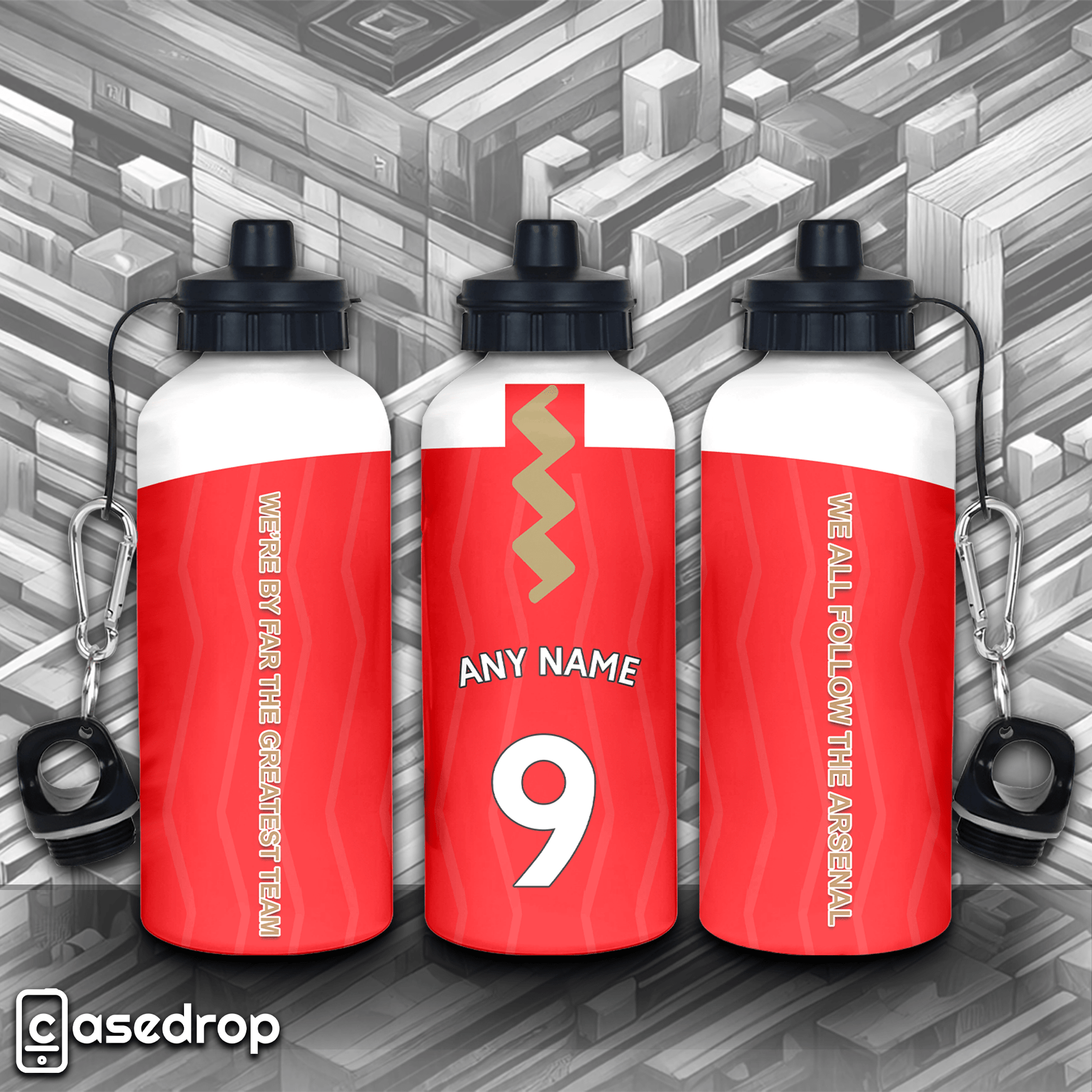 Customised Arsenal Shirt Aluminium Water Bottles - Full Design over Three Bottles Side by Side