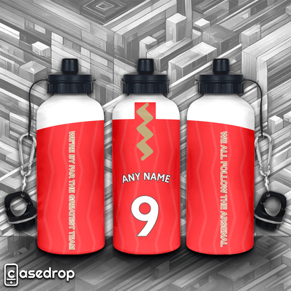 Customised Arsenal Shirt Aluminium Water Bottles - Full Design over Three Bottles Side by Side