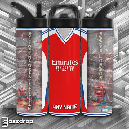 Arsenal personalised 20oz sports tumbler – red home kit design with Big Ben backdrop