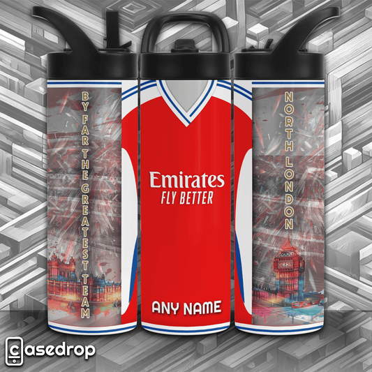 Arsenal personalised 20oz sports tumbler – red home kit design with Big Ben backdrop