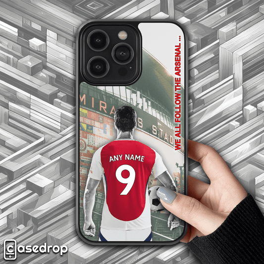 Arsenal Male Footballer Personalised Phone Case front view featuring custom Name & Number, premium protective design for iPhone, Samsung & Google