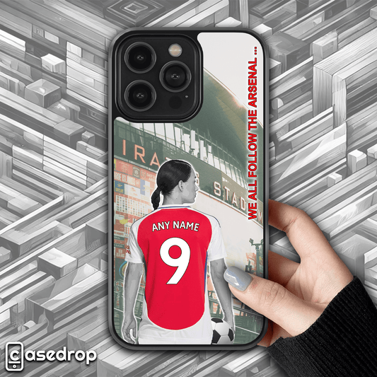 Arsenal Women's Footballer Personalised Phone Case front view with custom Name & Number, premium protective design for iPhone, Samsung & Google