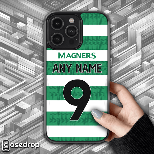 personalised Celtic FC 2025 2026 home football kit phone case for iPhone, Samsung and Google Pixel phone models