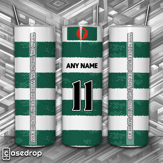 Front view of personalised Celtic football tumbler featuring an iconic Celtic kit design, custom Name & Number, and classic Celtic chants