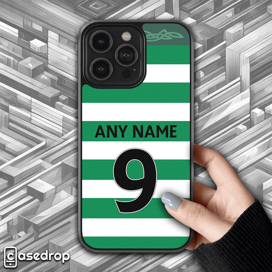 Front view of Celtic shirt design personalised phone case featuring custom Name & Number, premium protective case for iPhone, Samsung & Google