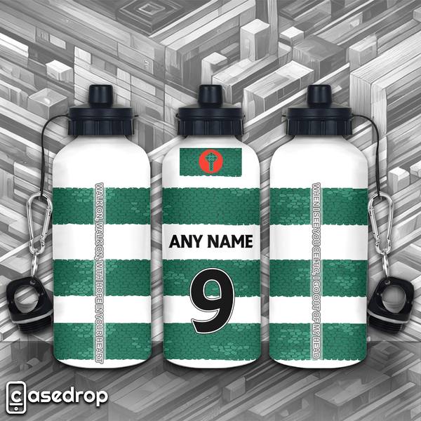 Customised Celtic Shirt Aluminium Water Bottles - Full Design over Three Bottles Side by Side