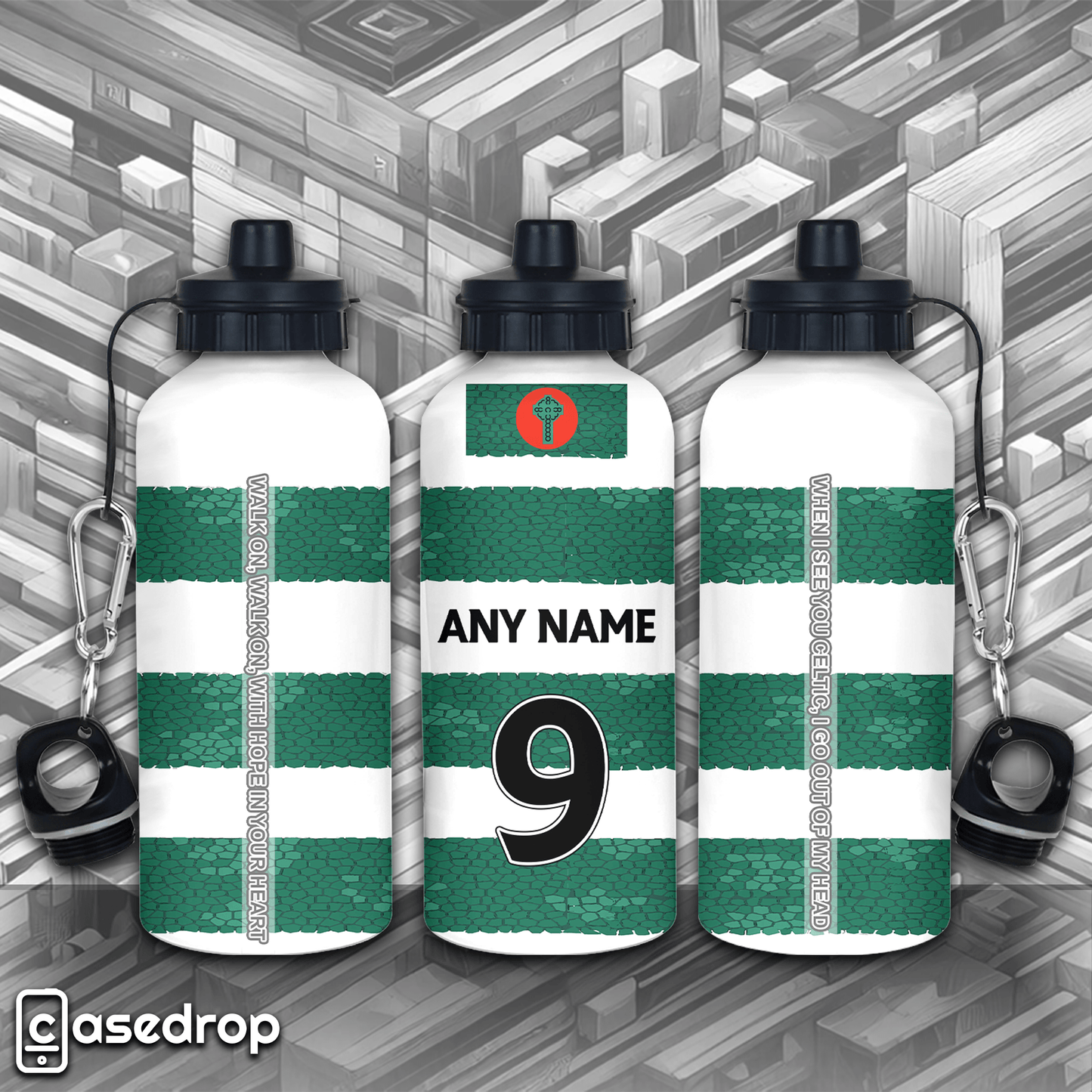 Customised Celtic Shirt Aluminium Water Bottles - Full Design over Three Bottles Side by Side