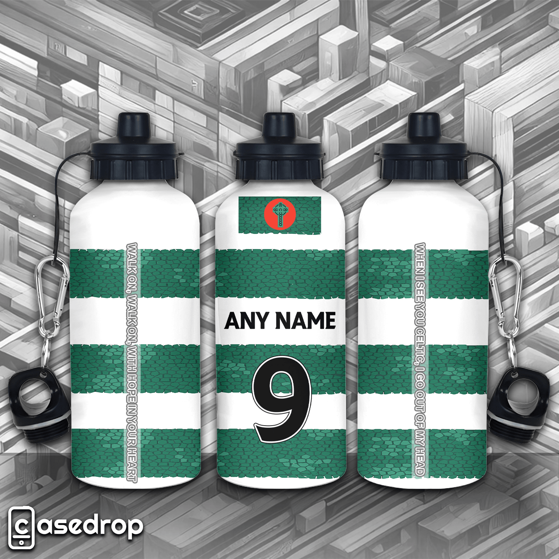 Customised Celtic Shirt Aluminium Water Bottles - Full Design over Three Bottles Side by Side