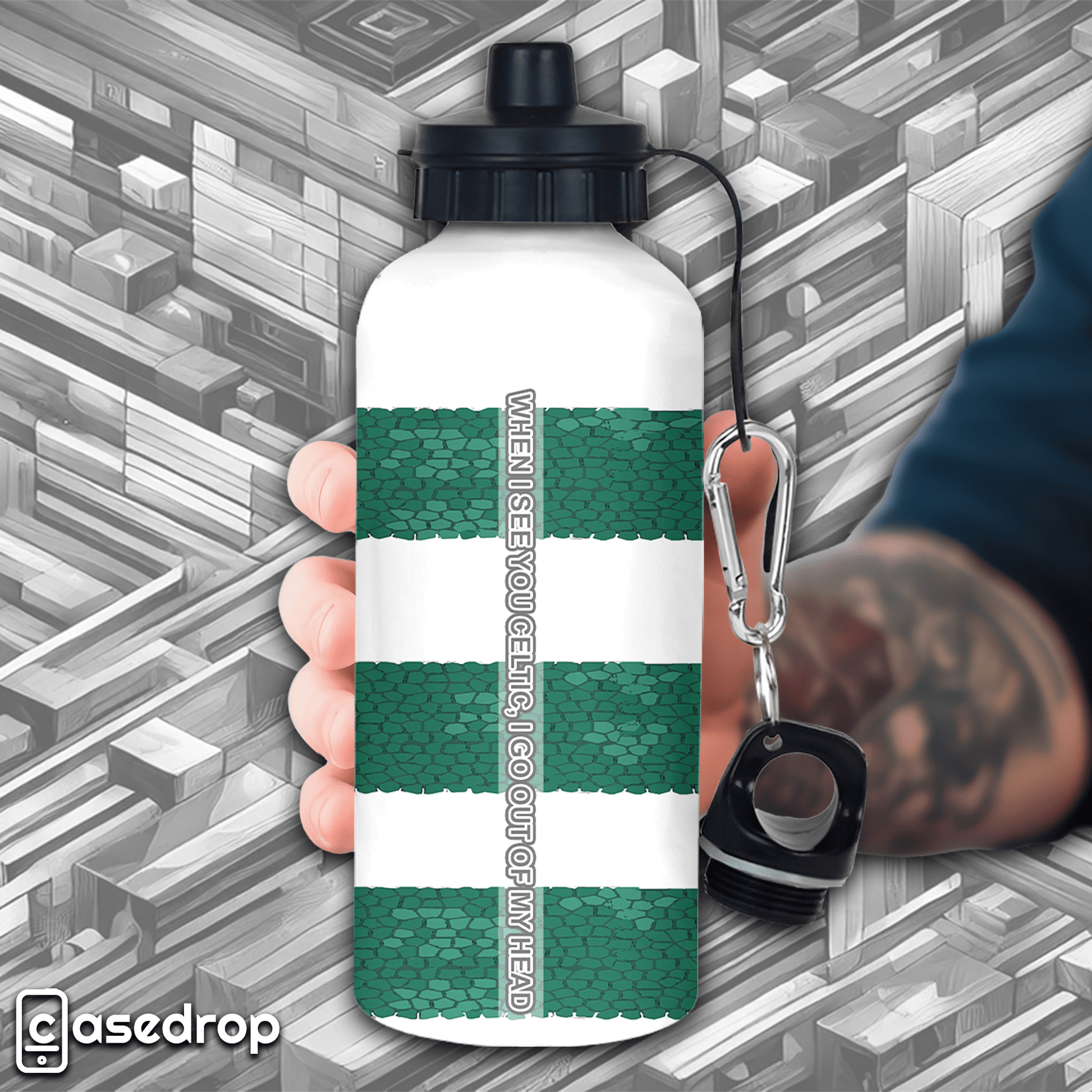 Custom Celtic Shirt Water Bottle - Hand-Held Close-Up Showing Song Lyrics