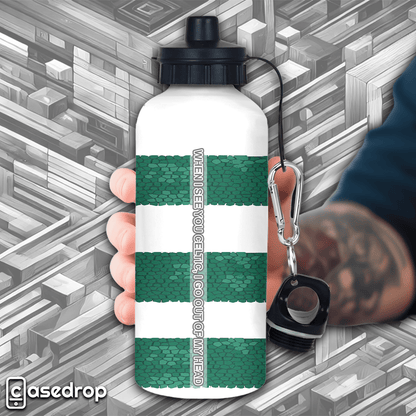 Custom Celtic Shirt Water Bottle - Hand-Held Close-Up Showing Song Lyrics