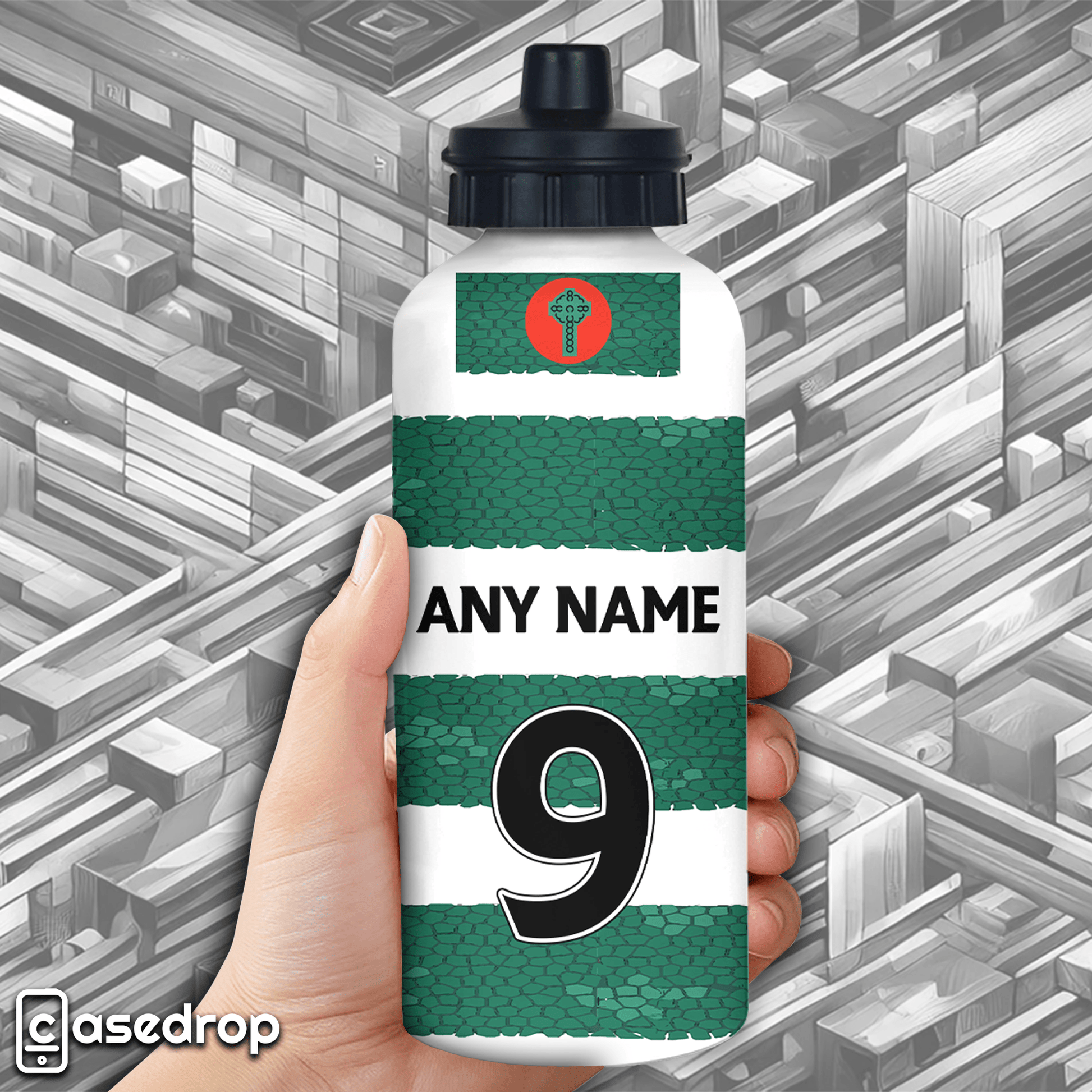 Close-Up of Hand Holding Customised Celtic Shirt Aluminium Water Bottle