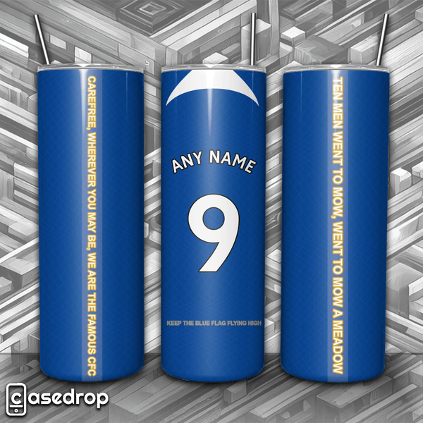 Personalised Chelsea FC tumbler with white name and number, blue and white design.
