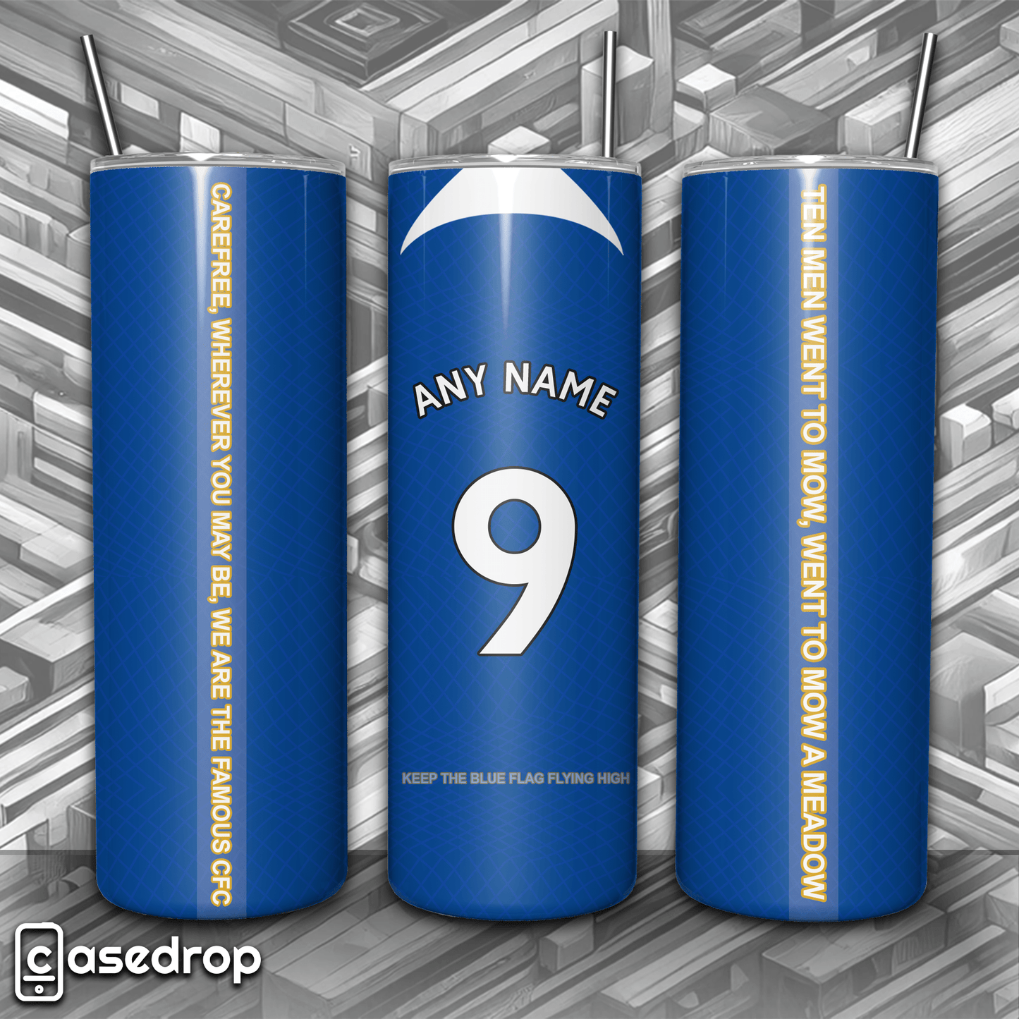 Personalised Chelsea FC tumbler with white name and number, blue and white design.