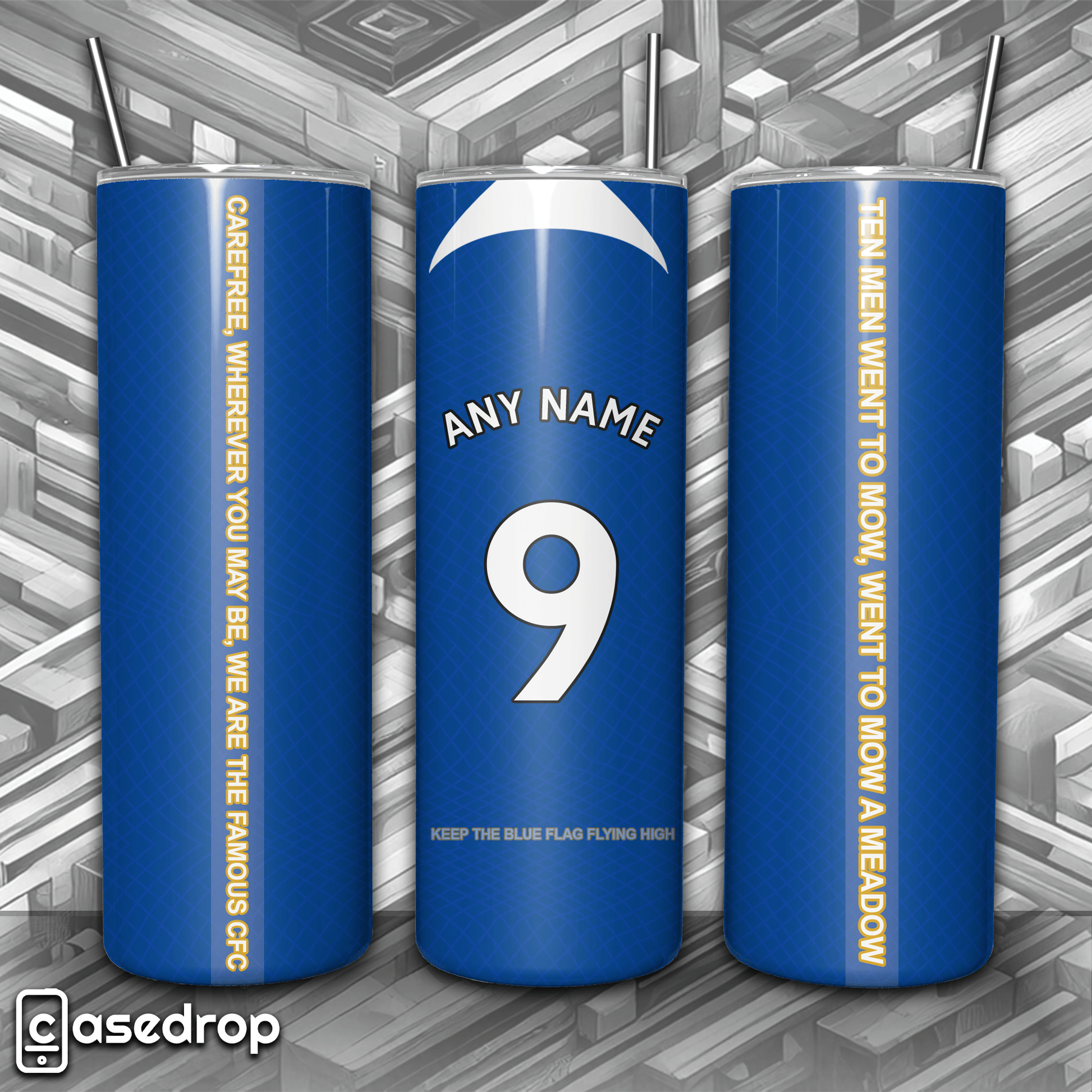 Personalised Chelsea FC tumbler with white name and number, blue and white design.