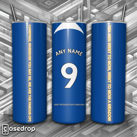 Personalised Chelsea FC tumbler with white name and number, blue and white design.