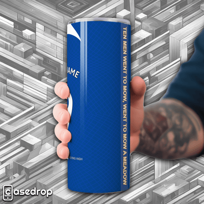 Blue and white Chelsea tumbler with custom name and number in bold white text