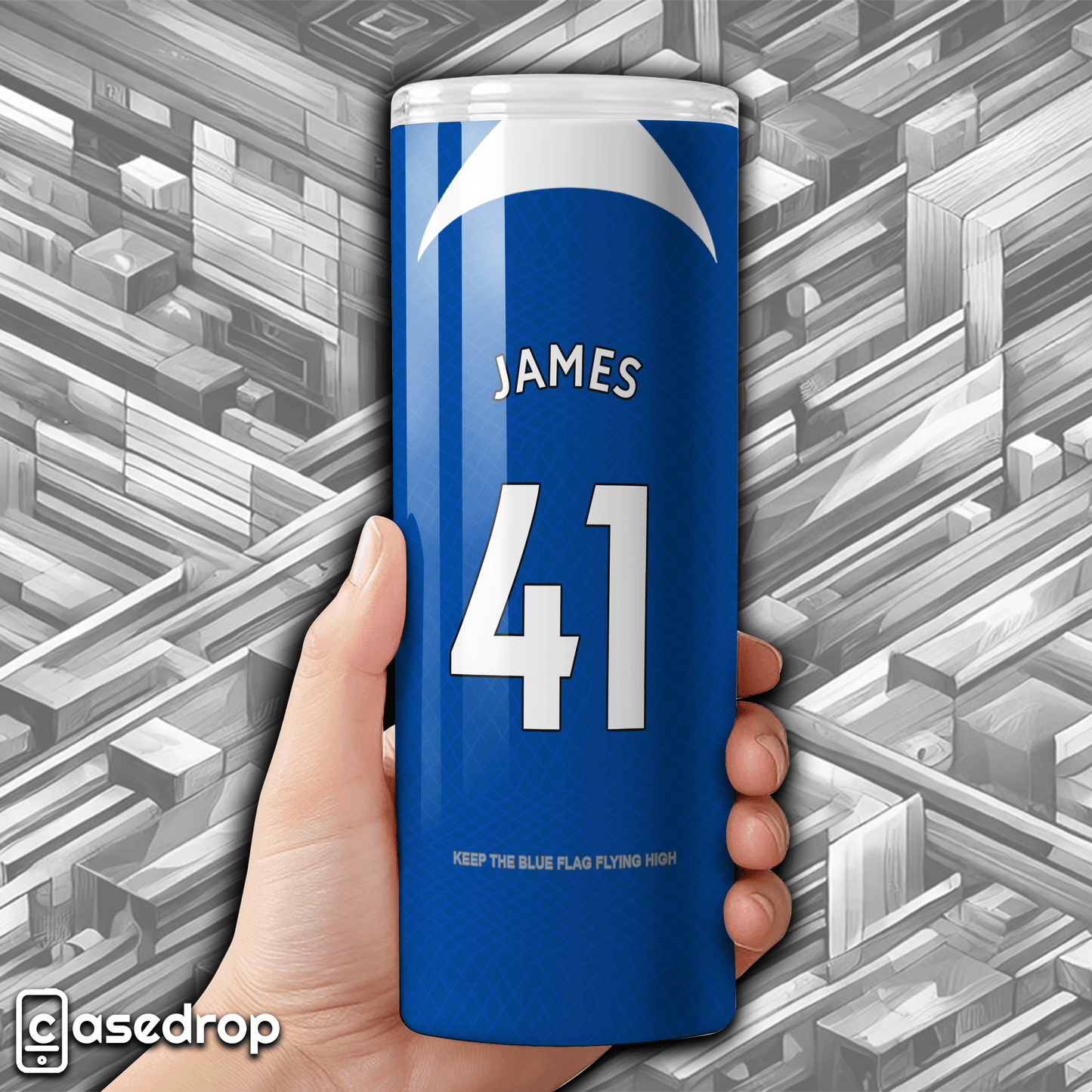 Custom Chelsea football tumbler featuring personalised name and shirt number