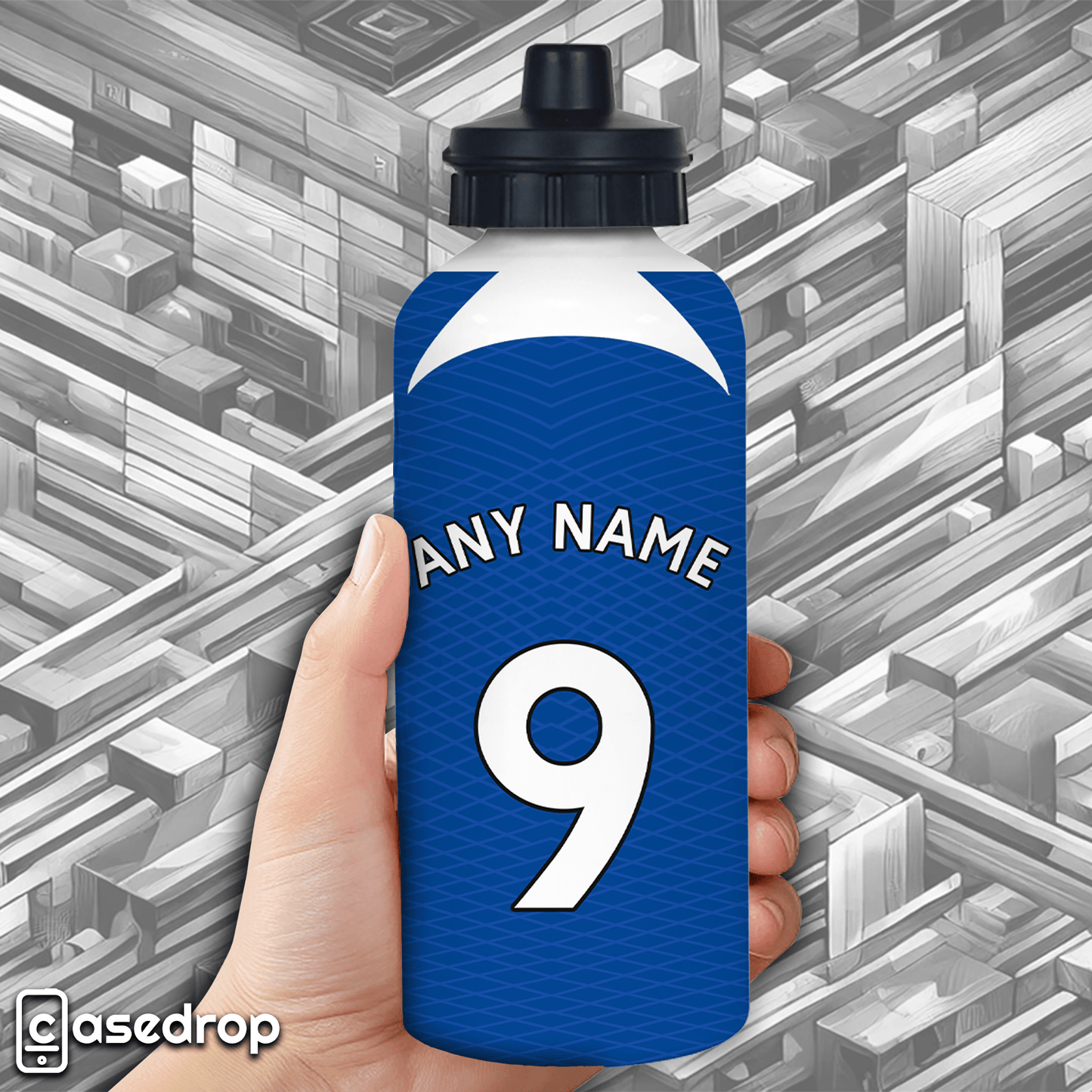 Close-Up of Hand Holding Customised Chelsea Shirt Aluminium Water Bottle
