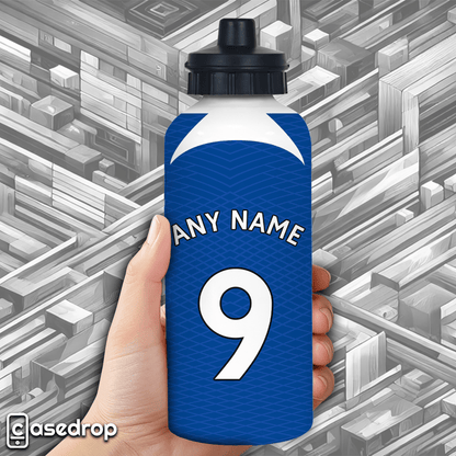 Close-Up of Hand Holding Customised Chelsea Shirt Aluminium Water Bottle